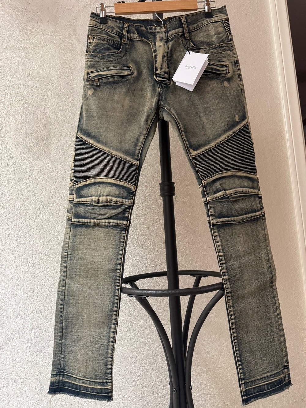 Balmain Paris Men's Skinny Moto Jeans in Blue Wash